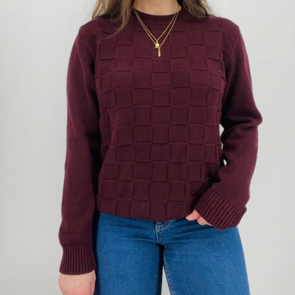 vintage moody burgundy basket weave textured crewneck sweater 100% cotton size s - Picture 1 of 8
